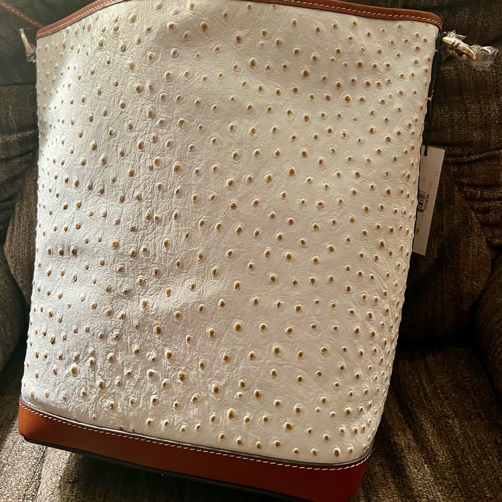 NWT Dooney Ostrich Polka Dots Brown and White Bag with dust bag - Picture 2 of 7